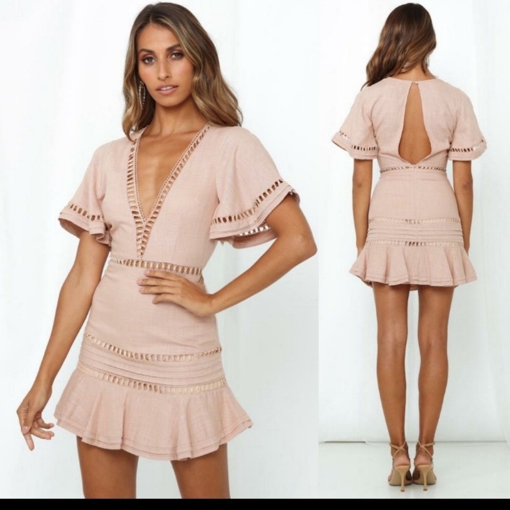 Linen Blend Lattice Mini Dress - Picture 3 of 5